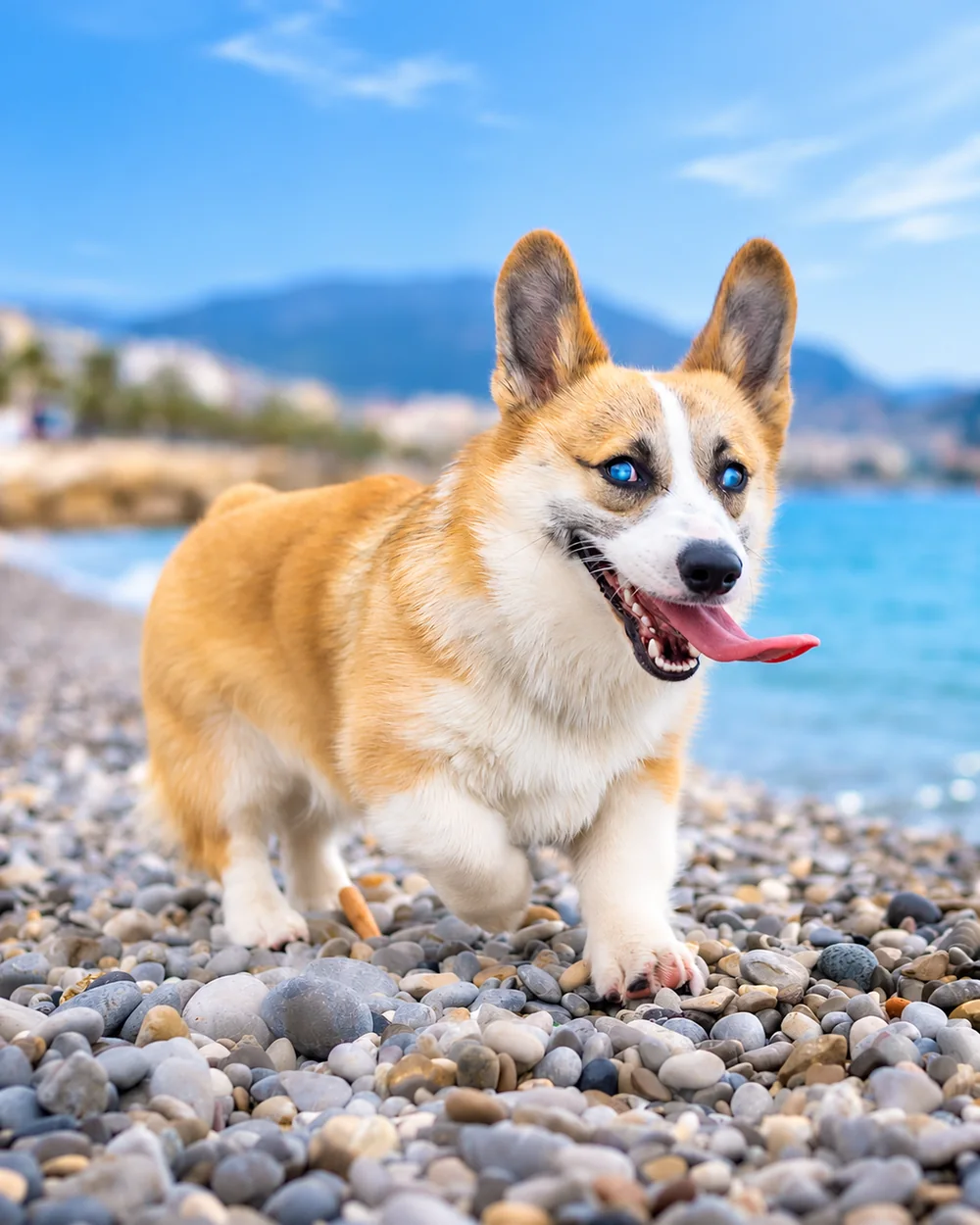 Corgi courant sur une plage de galets à Nice