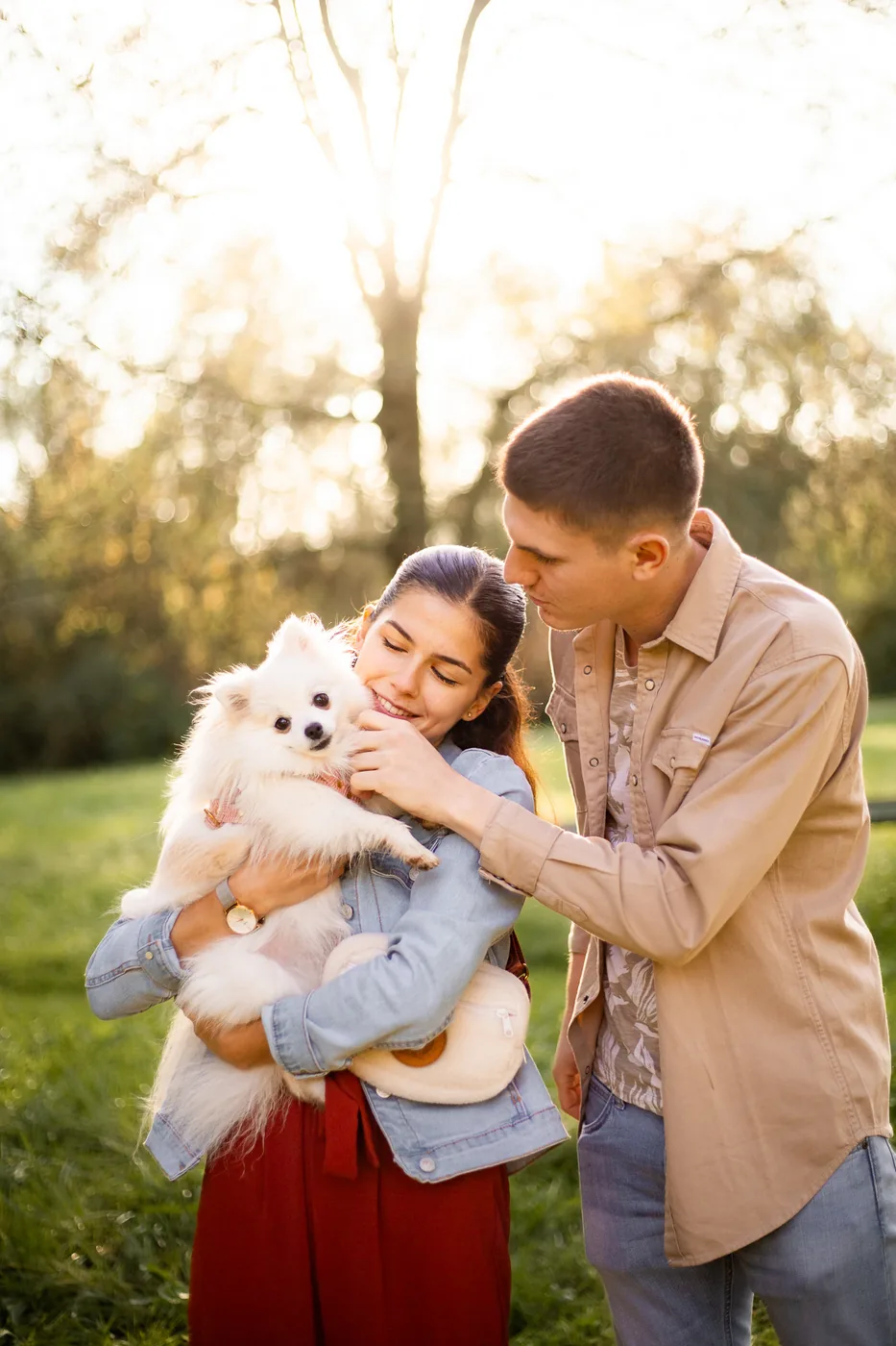 Couple avec leur petit chien dans une lumière dorée